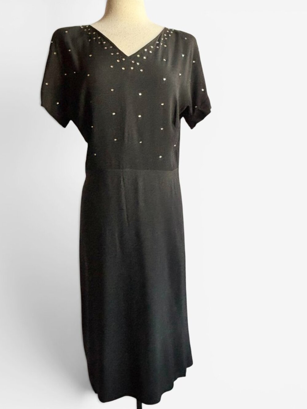 Vintage 1940s Black Rayon Crepe Cocktail Dress with Rhinestones